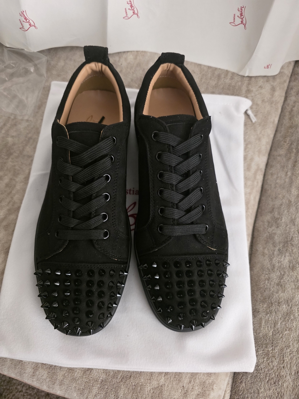 Christian Louboutin Black Spike-Toe Suede Low-Top Sneakers